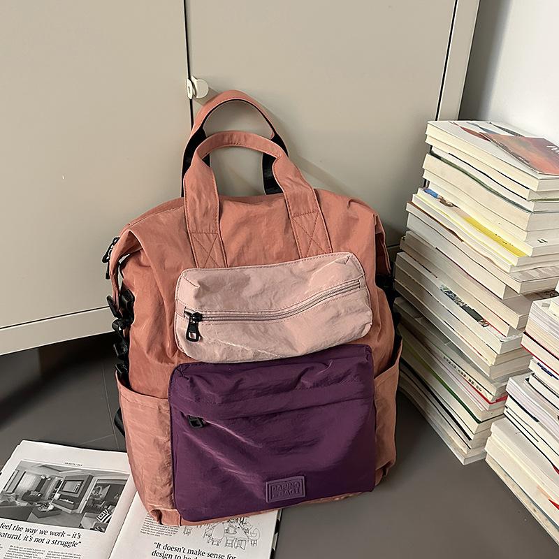 Portable backpack simple contrasting color middle school student backpack velvet square label schoolbag