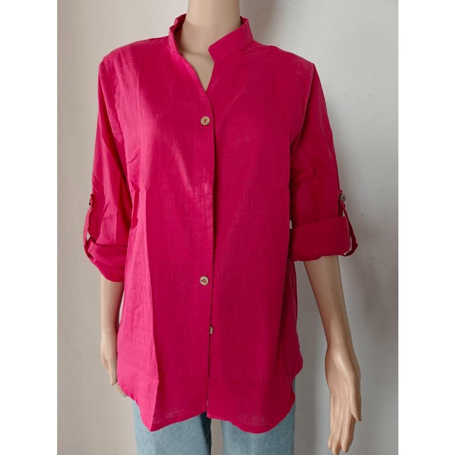 Frühling Herbst Frauen Einfarbig Baumwolle Leinen Roll-Up Langarm Hemd Drehen Unten Kragen Lose Oversize Tops