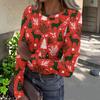 Women's Casual Long Sleeve Ribbed Neck Christmas Print Pullover Top