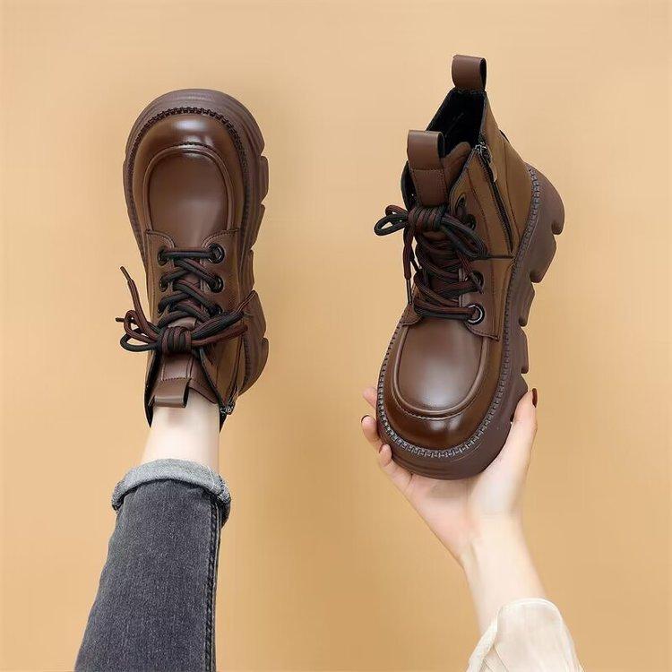 Soft Leather Thick-soled Martin Boots Women's Autumn British Wind Heightening Single Boots Black Short Boots Non-slip and Wear-resistant