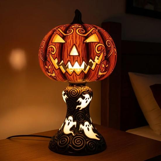 Pumpkin Night Light Halloween Horror Skeleton Ghost Witch Pumpkin Lantern Resin LED Tabletop Lamp for Gothic Room Desk Decorr