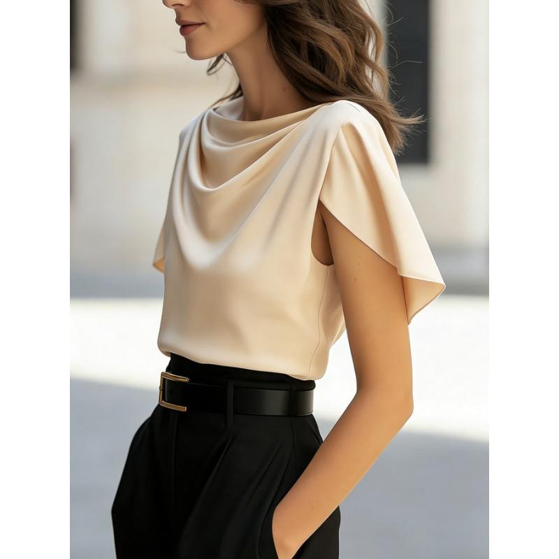 Summer New Style Satin Imitation Silk Swag Collar Drape Short-sleeved Top Casual Shirt for Women