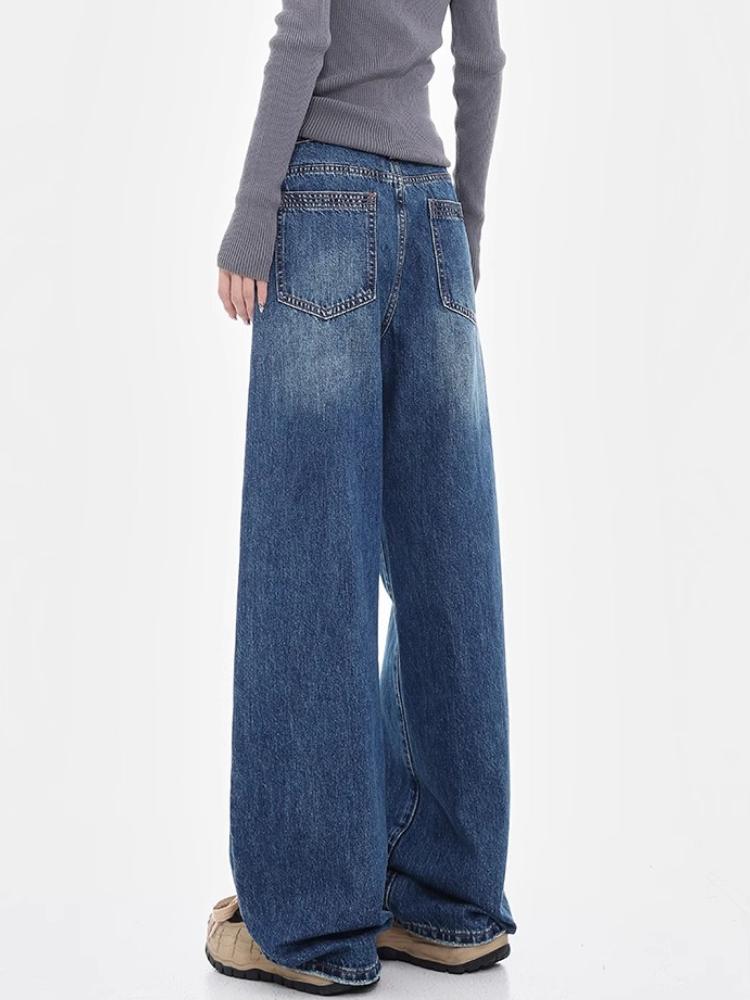 Spring New Vintage Washed Wide Leg Jeans Women 2000s High Waisted Straight Loose Slim Mop Pants Korea Chic Design Blue Denim Trousers