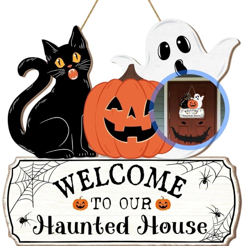 Handcrafted Wooden Halloween Door Hanger With Spooky Skeleton And Pumpkin Artwork Holiday Wooden Signboard