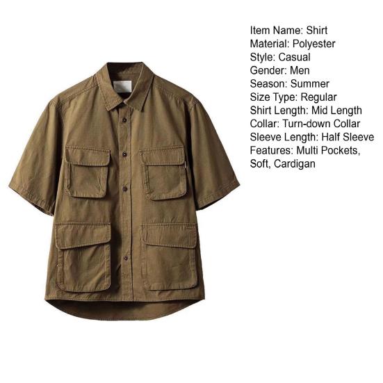 Men Summer Shirt Solid Color Multiple Pockets Lapel Single-breasted Cardigan Keep Trendy Casual Breathable Men Shirt for Work