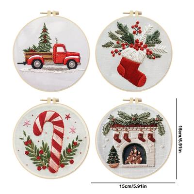 4 Sets Christmas Embroidery Kits with Pattern Needles Threads Tools Handmade Sewing Xmas Crafts Set for Adults Beginner