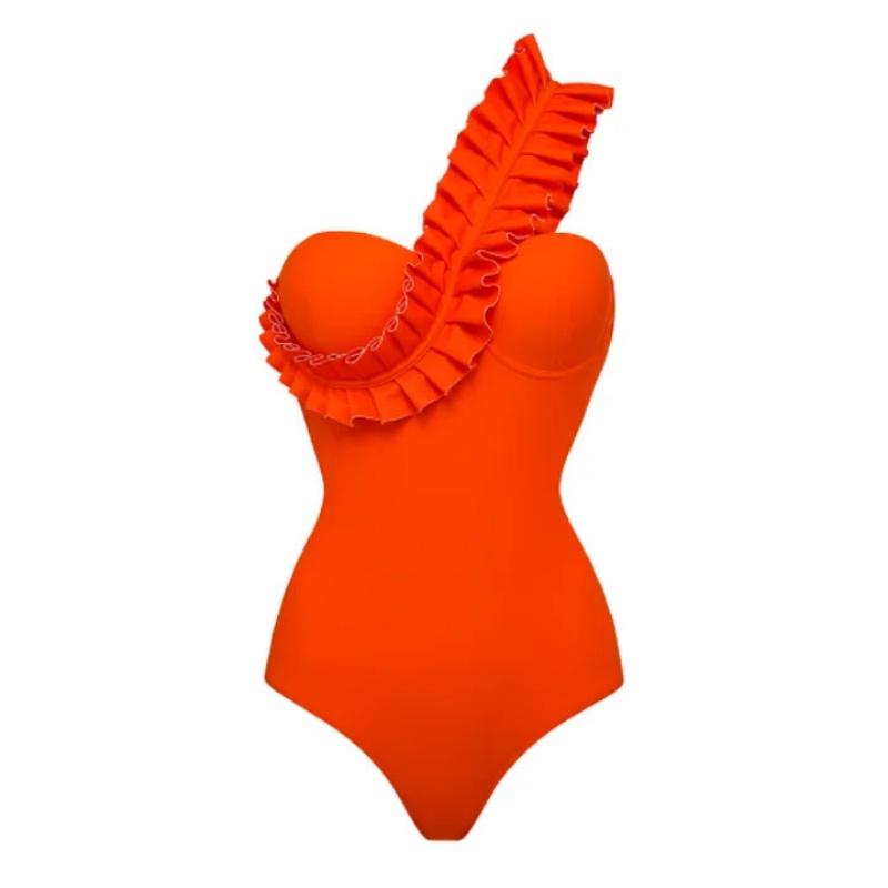 

2025 New One Shoulder Swimwear Women One Piece Swimsuit Female Bodysuit Monokini Patchwork Bathing Suit Beachwear Swimming Suit M помаранчевий