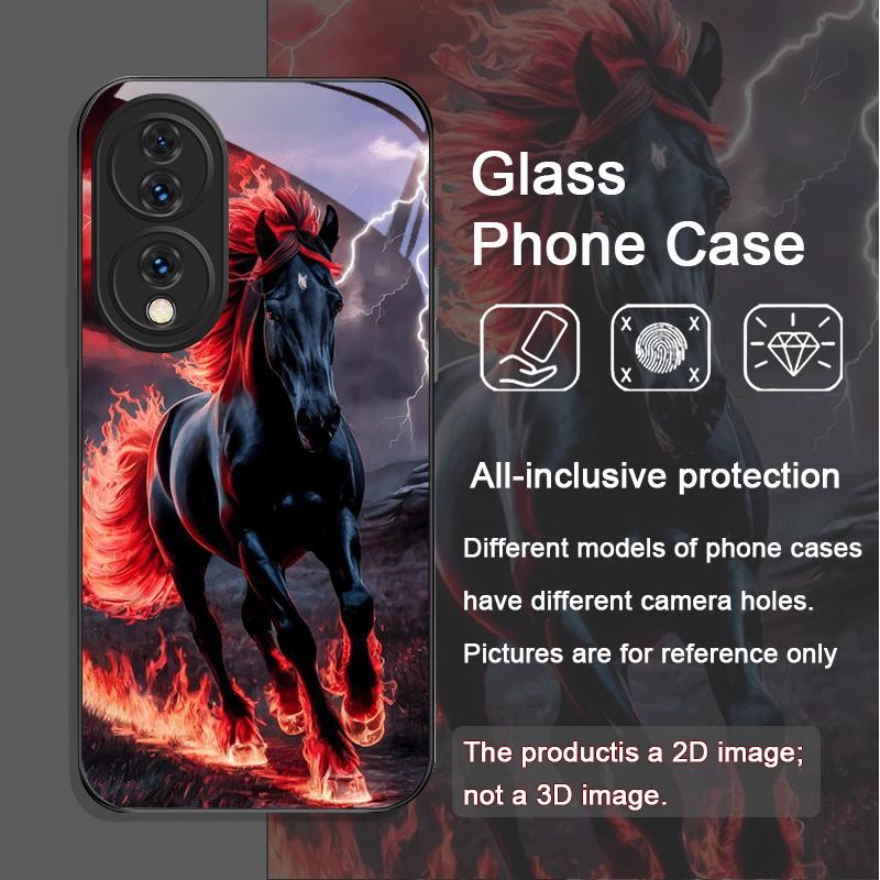 Creative Flame Black Horse Pattern Tempered Glass Phone Case for Huawei Nova 13 12 11 10 SE Mate 70 60 Pro+ P60 P50 P40 5G Cover