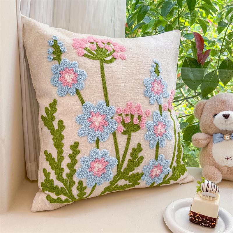 Simple Flower Chenille Towel Embroidery Sofa Pillowcase Cojines Polyester Decor Home Throw Cushion Cover Headboard Pillowcases