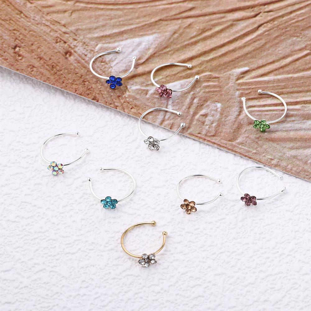 Stainless Steel for Girl Stud Ring Crystal Ear Clip Flower Nose Ring Fake Hoop Body Jewelry