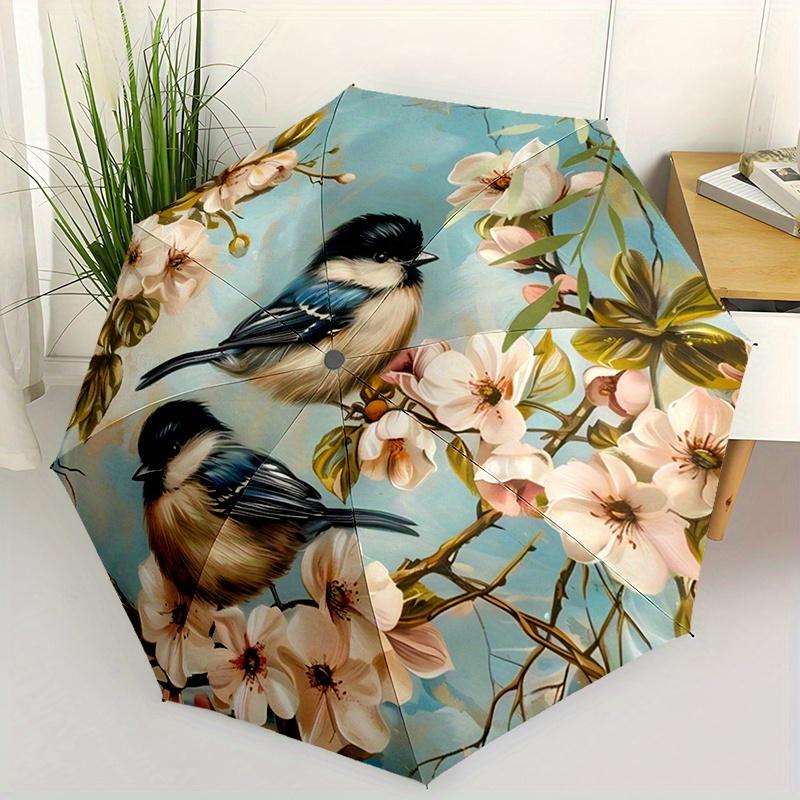 Charming Floral Birds Automatic Folding Umbrella - Lightweight Durable All-Season Umbrella with 8-Rib Frame, Cute Fashion Desi