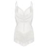 Womens Dance Leotard Ruched Mesh Drapes Glittery Rhinestones Adjustable Straps Cutout Fringe Bodysuit Performance Wear