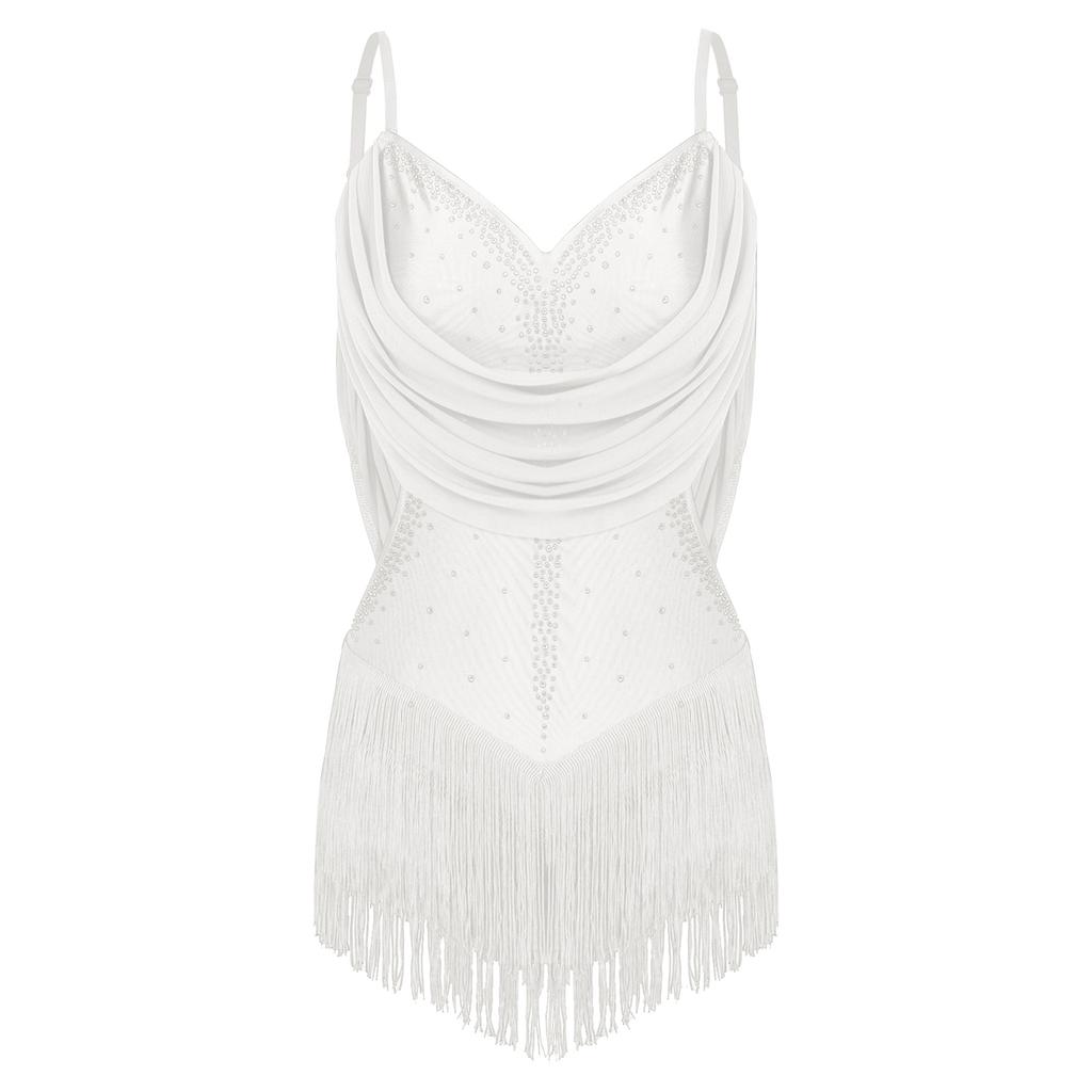 Womens Dance Leotard Ruched Mesh Drapes Glittery Rhinestones Adjustable Straps Cutout Fringe Bodysuit Performance Wear