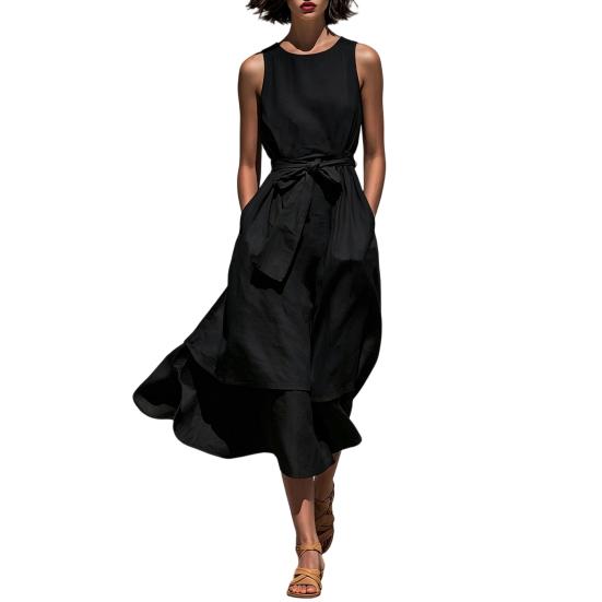 Women s Summer Sleeveless Beach Sundress Crew Neck Casual Flowy A-line Long Dress Tie L
