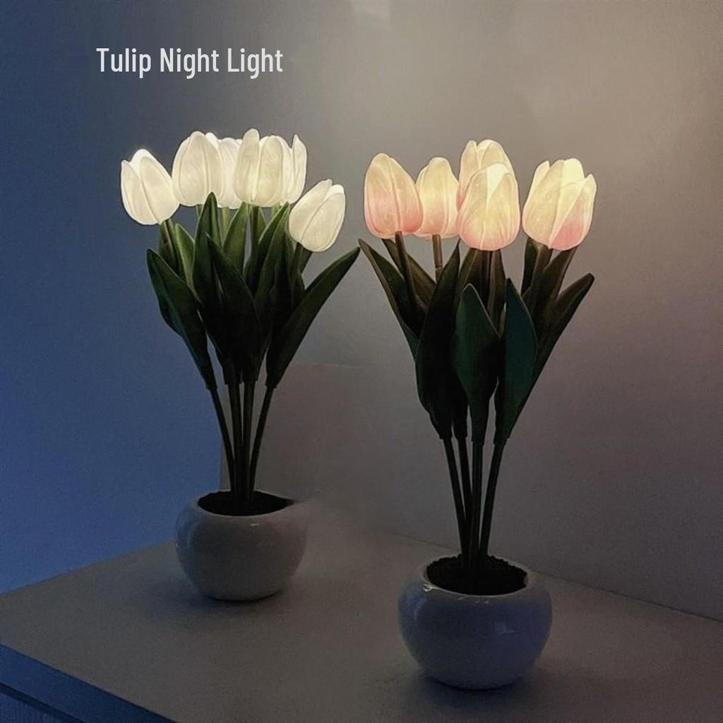 Tulip LED Night Light Floral Bouquet - Simulated Flower Desk & Bedside Lamp, Perfect for Bedroom, Dorm, or Girly Decor