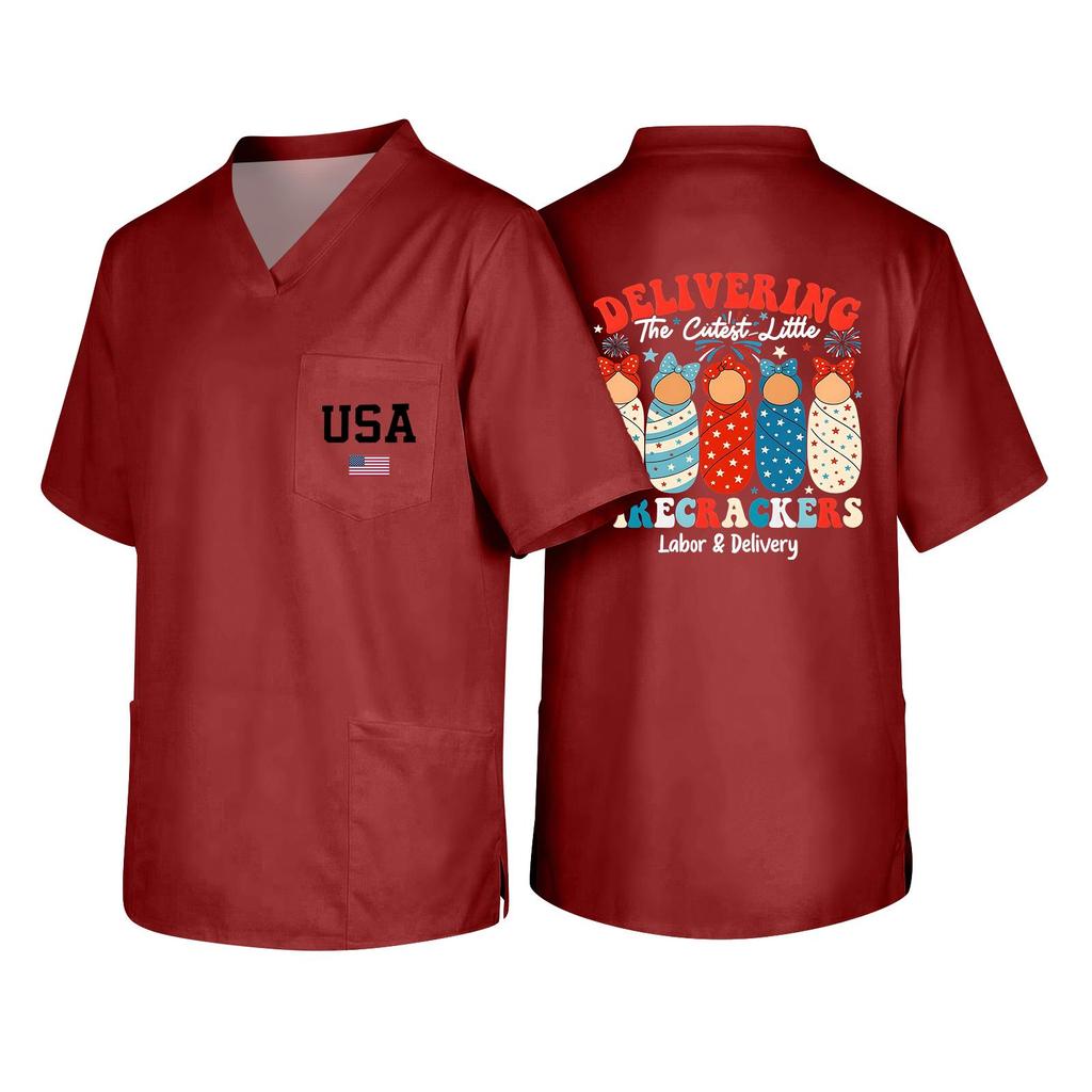 Men's Short Sleeve V Neck Work Shirt Nurse Uniform Top with Pocket USA Print Casual Fit Medical Scrub Tee for Healthcare Professionals
