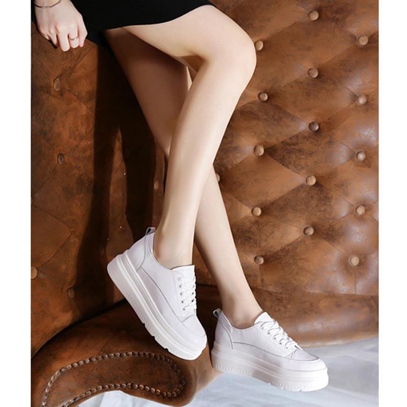 Genuine Leather White Shoes Women Sneakers Thick Sole Height Increasing 5cm Casual Ladies Soft Comfortable