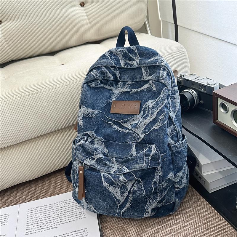 Denim Camouflage Backpack Casual Style Unisex School Bag Fashionable Travel Rucksack