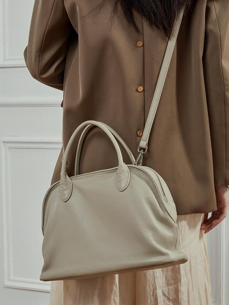Retro Minimalist Women's Bowling Bag - Genuine Leather Cowhide Shell Handbag Tote
