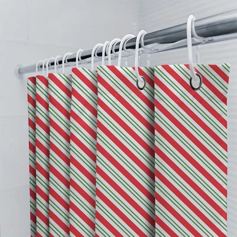 Festive Christmas Stripes: Red, White, And Green Diagonal Pattern Shower Curtain For A Joyful Holiday Bathroom Dcor