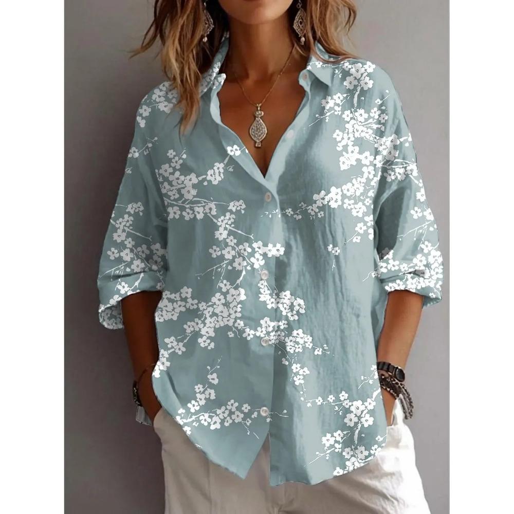 Summer Autumn Women's Shirt Flower Active Stylish Blouse Lapel Neck Blouse Women's Long Sleeve Shirts Womens Clothing Female Top