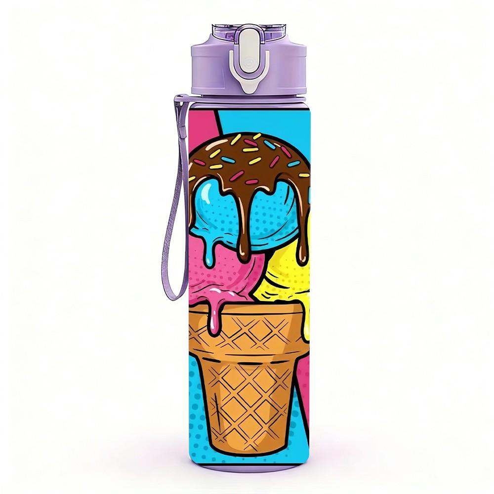 1PC Ice Cream Cone Pop Comic Burst Background 750ml Color Plastic Sports Water Bottle Leakproof Flip Straw Lid Suitable for Sports Office Home Use