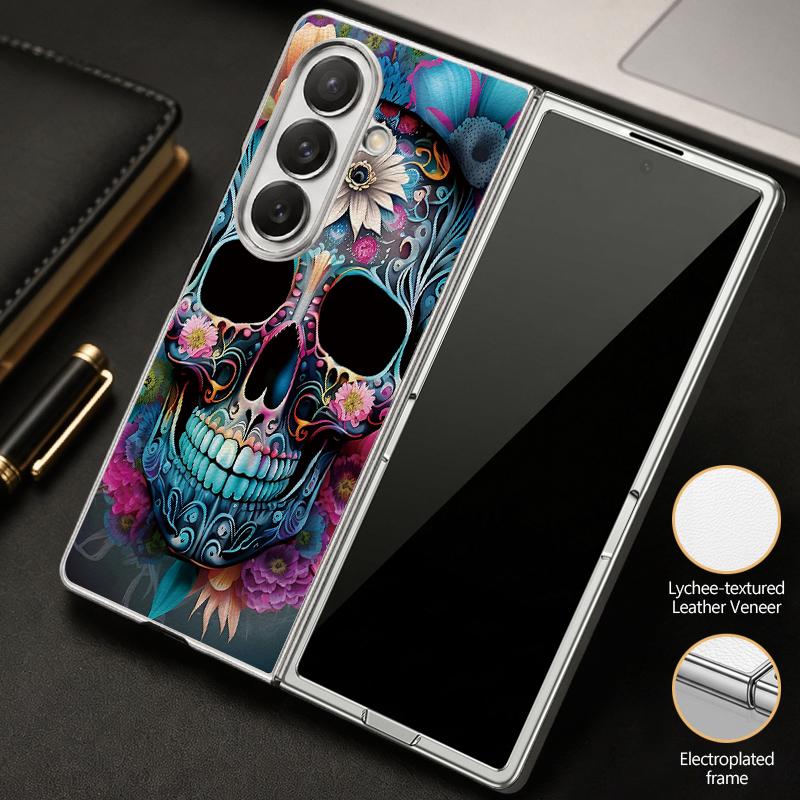 Punk Dark Aesthetic Skull Case For Samsung Z Flip 8 7 6 5 Luxury Plating Leather Skin Folding Phone Cover For Galaxy Z Flip8 Flip7 Flip6