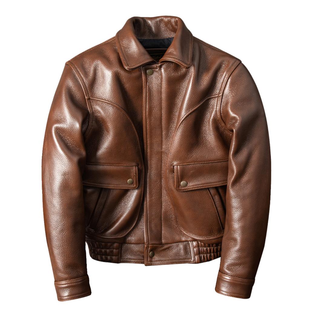 Thick 1.5mm Waxed Full Grain Leather Jacket for Men Large Size with Lapel