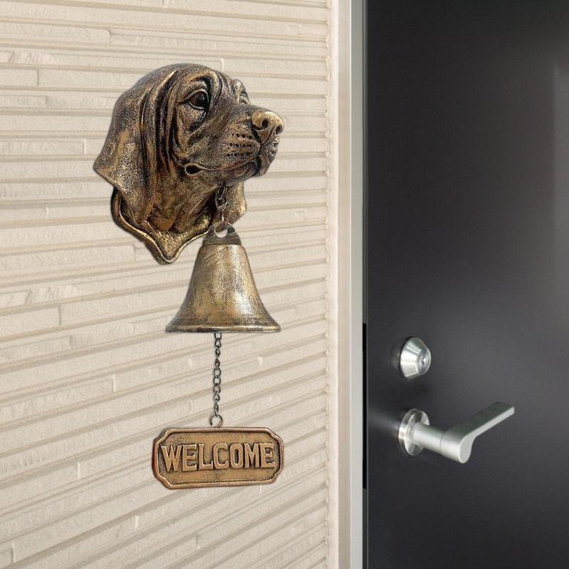 Dog Head Resins Statue Doorbell with Welcome Sign Farmhouses Entryway Wall Hanging Bells Ornament Easy Installation