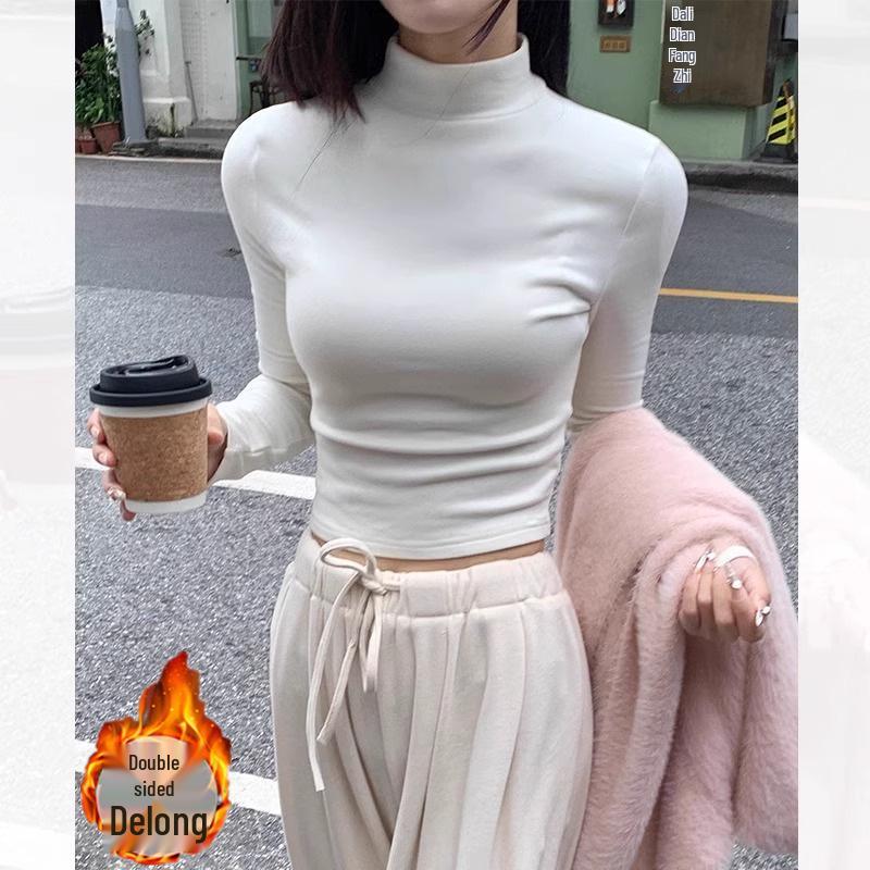 

Women s White Velvet Half-High Neck Slim Fit Top - Autumn/Winter Bodycon Style M (Weight 95-105 lbs) белый