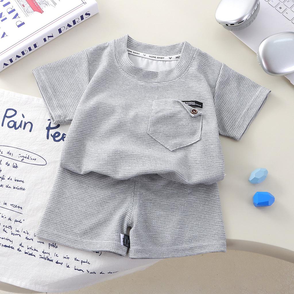 0-9 Years Children's Waffle Short-sleeved Suit Summer Casual Sportswear Boys and Girls 2pcs Clothing Set