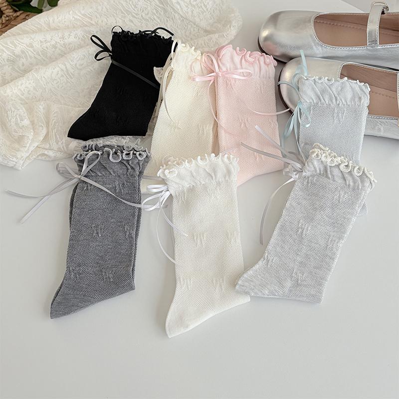 2 Pairs Fashion Trendy Sweet Korean Style Summer Silk Socks Women Mid Tube Mesh Thin Socks with Bow Decoration Shor Socks