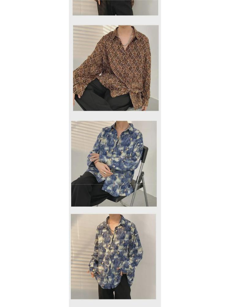 Men Spring Autumn Retro Jacket Trendy Korean Hong Kong Japanese Style Floral Shirt