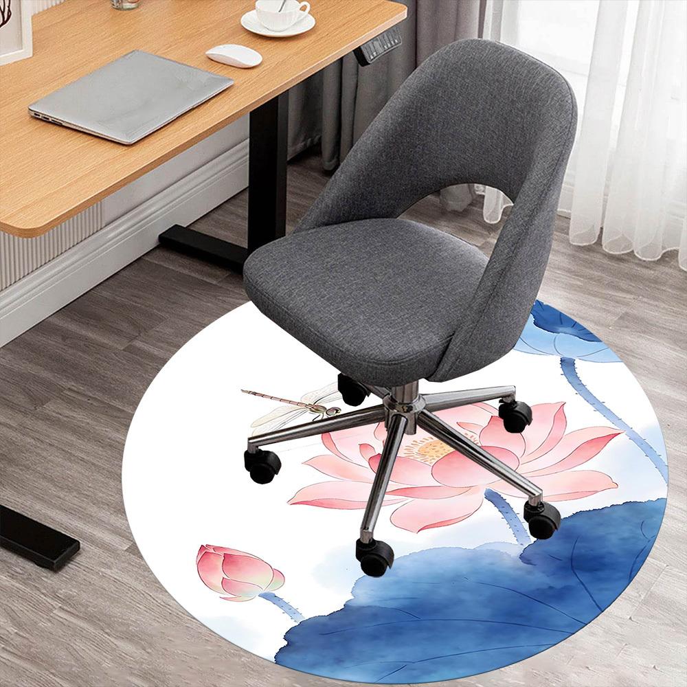1pc Lotus Dragonfly Round Chair Mat Office Area Rug - Non-Slip, Floor Mat for Office, Bedroom, and Indoor Decor P127044