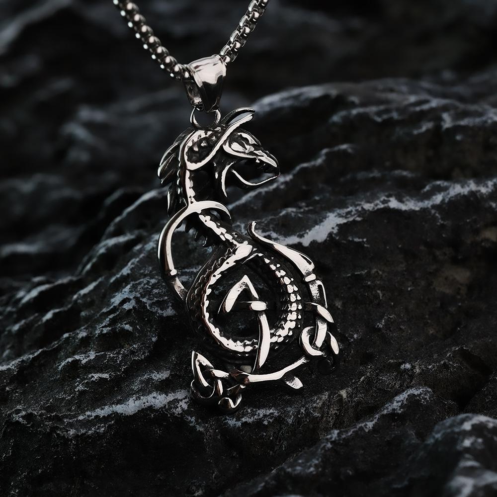 Viking Style Celtic Knot Dragon Pendant Stainless Steel Necklace For Men