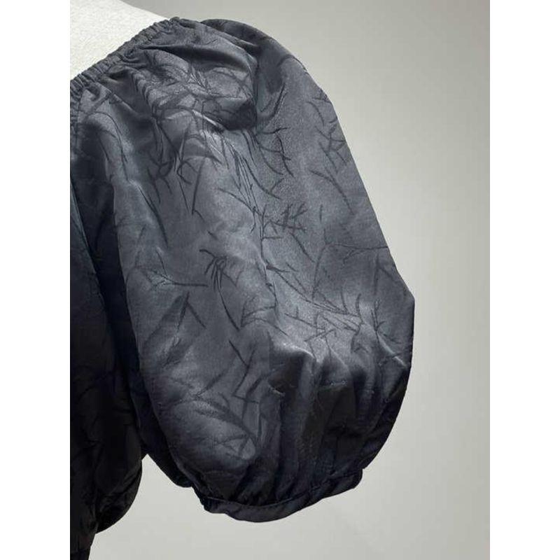 2024 Autumn Dark Pattern Bamboo Leaf Texture Print Similar To Acetate Satin Puff Sleeves Waist Trimming Short Black Dress