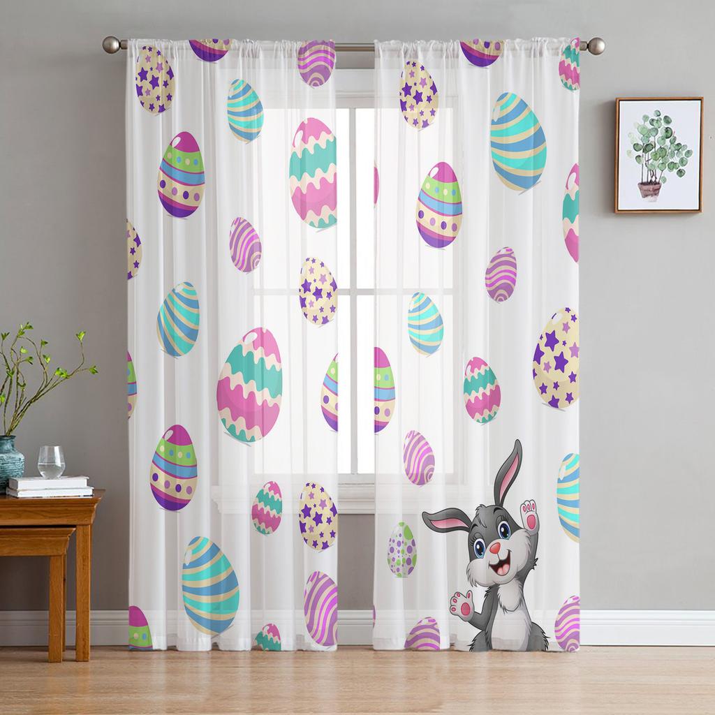 Bunny Easter Egg Rabbit Tulle Curtains For Living Room Bedroom Voile Sheer Curtain Window Home Decor Drapes