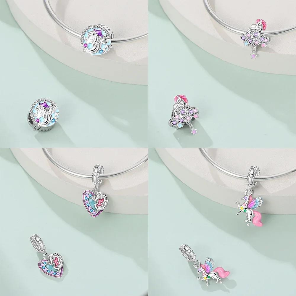 Exquisite Pink Color Charms Beads Copper Cute Girl Wonderland Unicorn Colour Heart Shape Pendant Fit Bangle Bracelet Jewelry