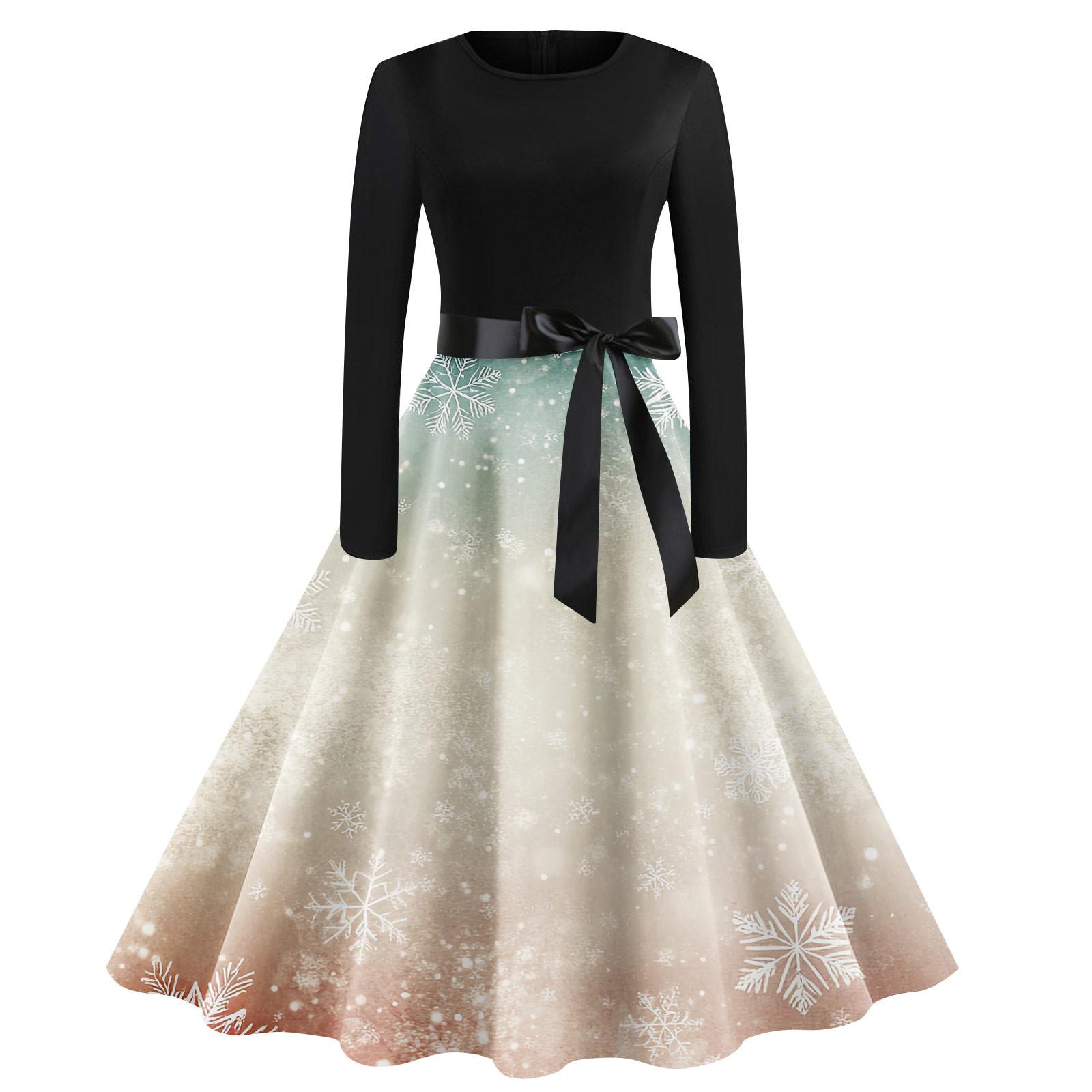 

Женское винтажное классическое платье с воротником на талии и галстуком-бабочкой с длинными рукавами и рождественским принтом, с круглым вырезом, свободное платье XL циан