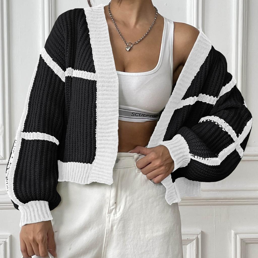 Women's Cardigan Autumn And Winter Jacket Collision Splicing Short Section Casual Loose Woven Jumper