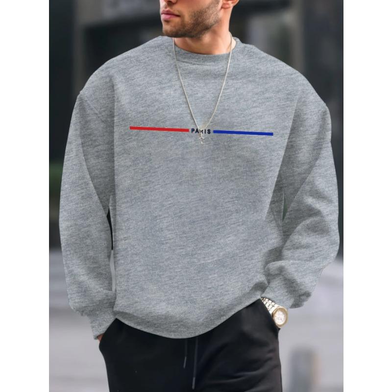 Men's Autumn Winter Fashionable Casual Loose Oversized Paris Printed Fleece Pullover Round Neck Long Sleeved Sweatshirt Pullovers & Long Sleeves Men’s