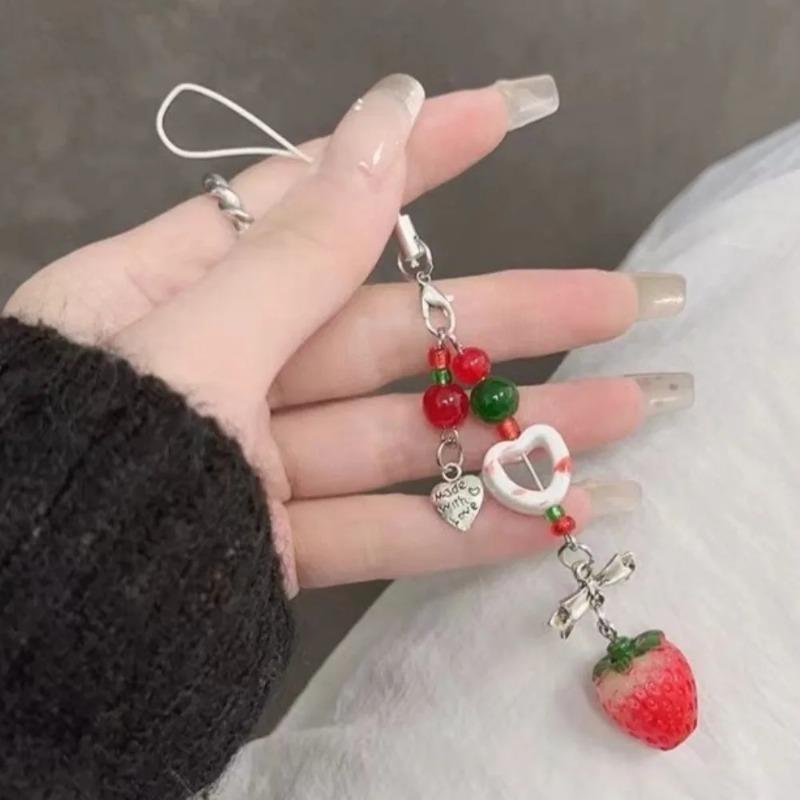 Korea Cute 3D Strawberry Cellphone Strap Chain Love Heart Pendant Keychain for Backpack Charm Dainty Bow Phone Strap Keyring