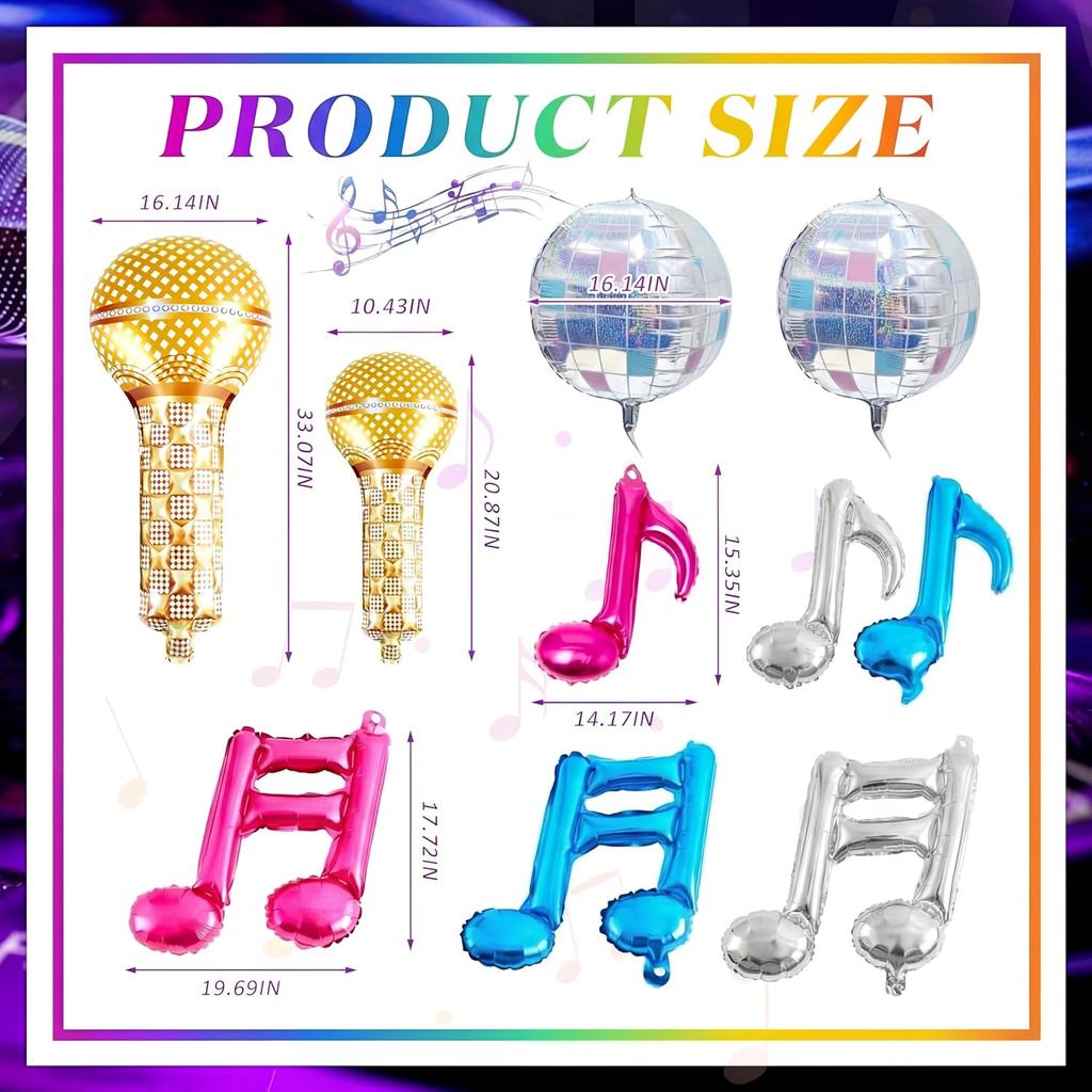 Music Theme Foil Balloons Set 10Pcs Disco Ball Microphone & Note Decorations for 70-90s Disco K-pop Karaoke Birthday Party Props