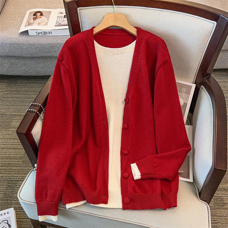 Damen Plus Size Lockeres Cardigan- und Pullover-Strickwaren-Set (Brust 150/160), 200/300 Jin