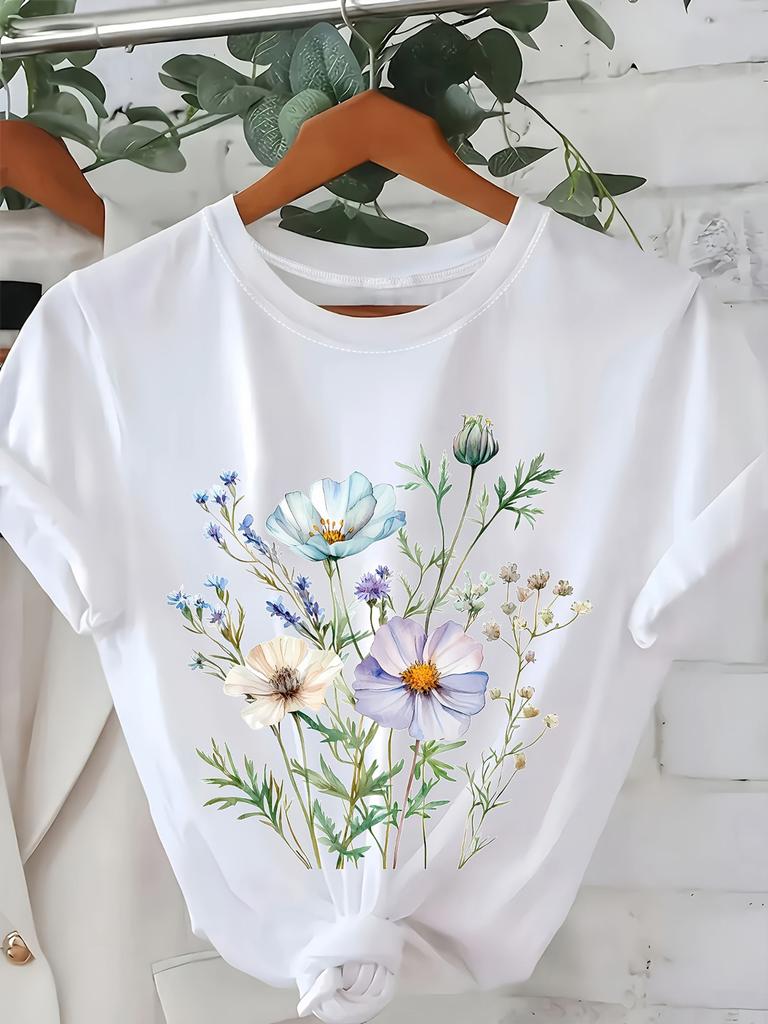 Breathable Random Floral Print Crew Neck TShirt For Unisex Machine Washable AllSeason Casual Short Sleeve Top Y2K Camisetas