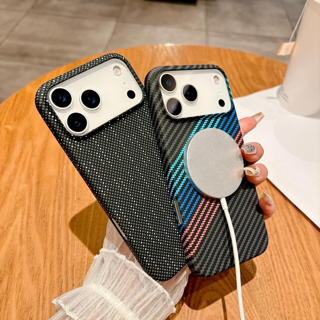 Carbon Fiber Kevlar Pattern for Magsafe Magnetic Phone Case for IPhone 17 Air 16 15 14 Plus 13 12 11 Pro Max Shockproof Cover