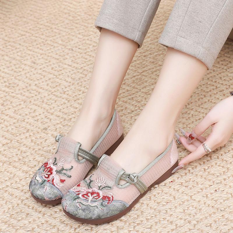 Old Beijing Cloth Shoes Women's Mesh Shoes Summer Mesh One-pedal Flat-soled Mother Shoes Mesh Yarn Breathable Ethnic Style Embroidered Shoes