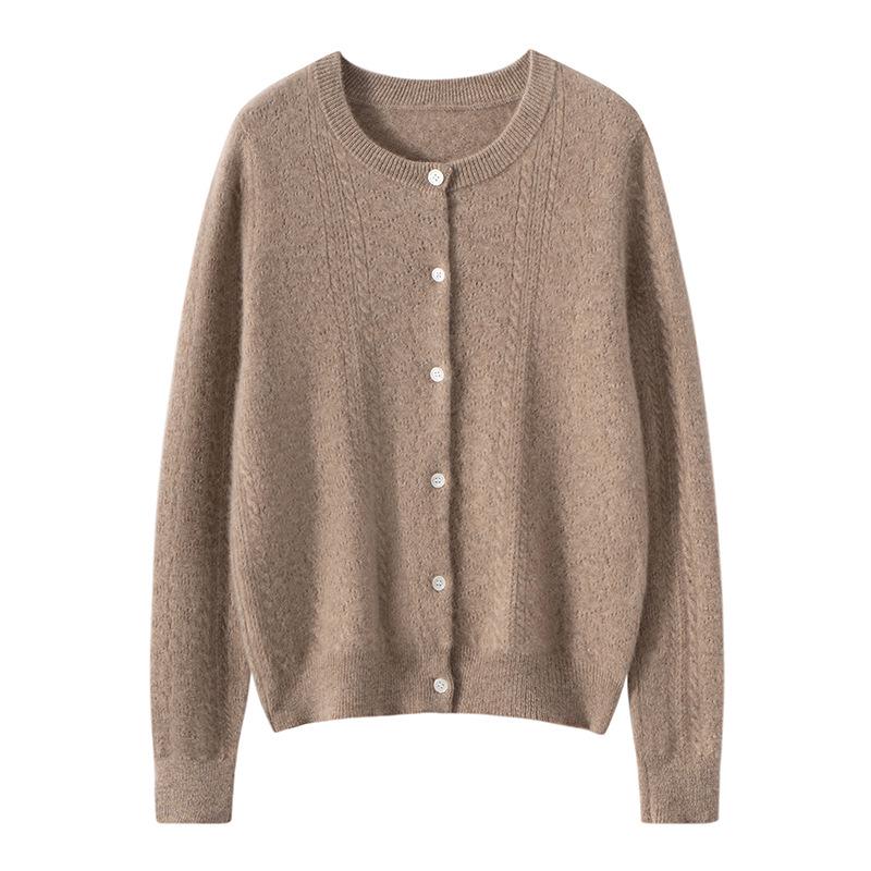 Women's Pure Cashmere Round Neck Cardigan - Autumn/Winter, Twelve-Gauge, Solid Color, Single-Breasted Sweater