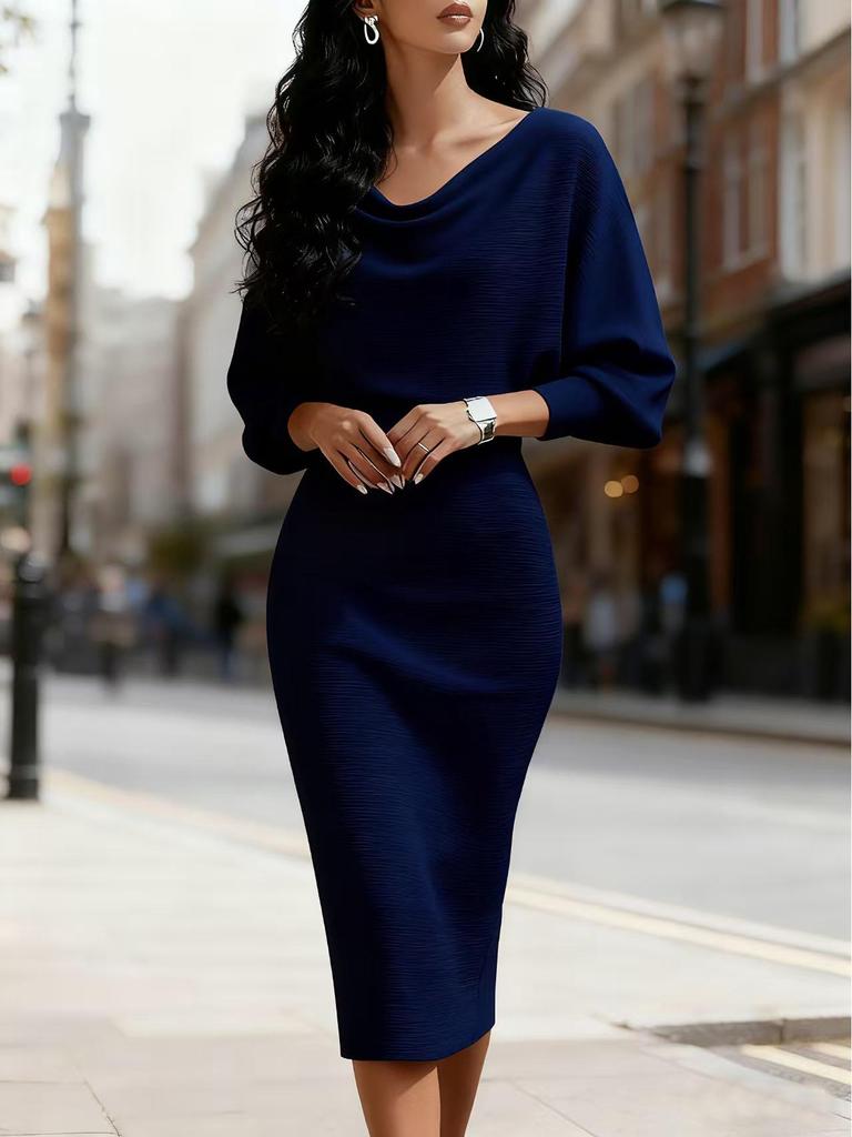 2025 European & American Autumn/Winter Batwing Long Sleeve Waist-Cinching Slim Dress