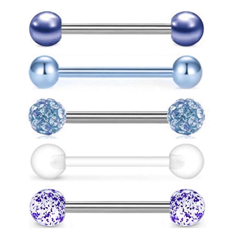 5PCS Acrylic Tongue Piercing Barbell Set Stainless Steel Glitter Tongue Rings Lot 14G Nipple Piercing Bar Bulk Piercing Langue